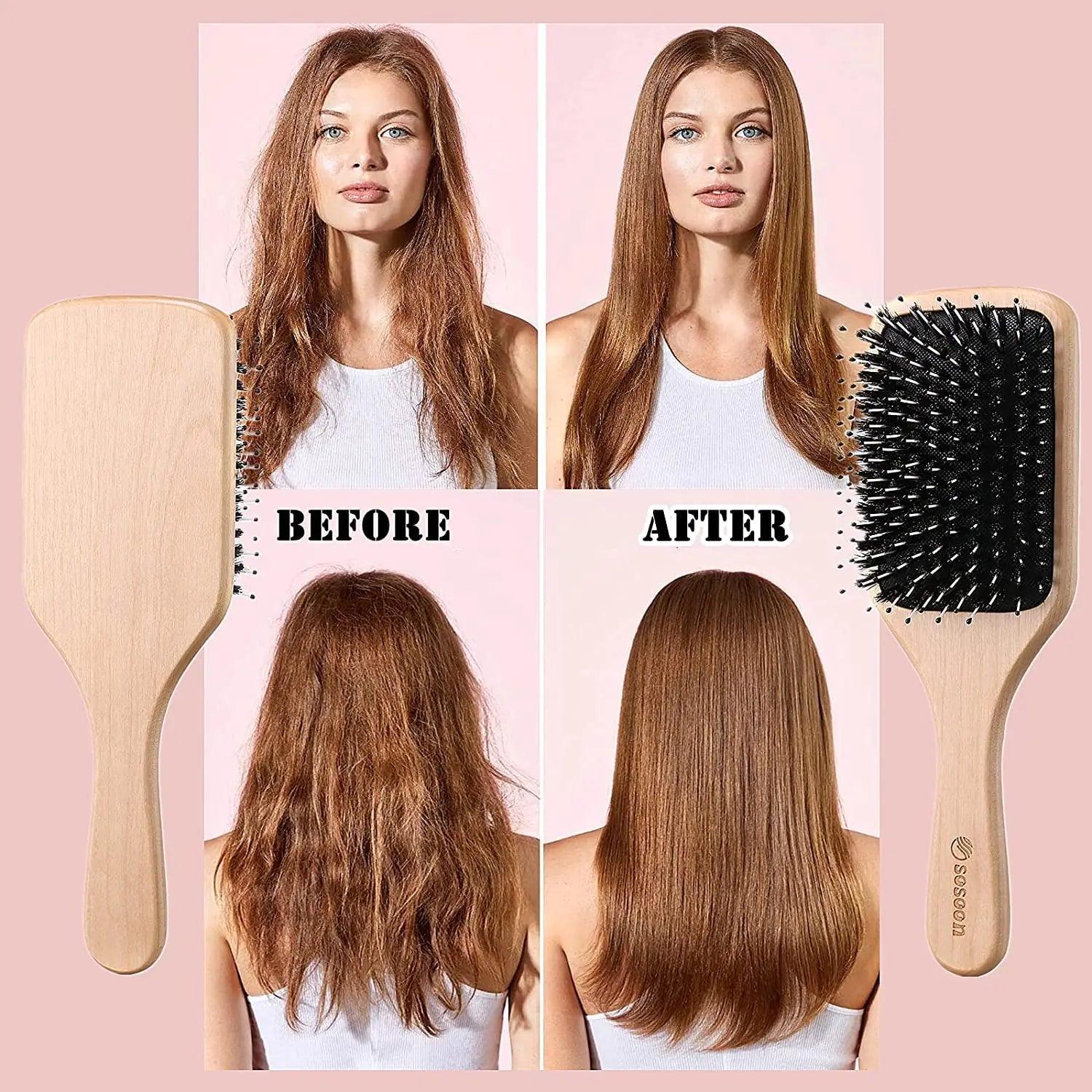 Hair Brush, Sosoon Boar Bristle Paddle Hairbrush for Long Short Thick Thin Curly Straight Wavy Dry Hair for Men Women Kids, No More Tangle, Giftbox & Tail Comb Included - Evallys.com # #