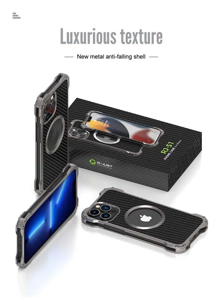 Carbon Fiber Lens Protection Phone Case for iPhone 14 Plus 12 13 Pro Max Mini Compatible with MagSafe Metal Bumpers Cover - Evallys.com