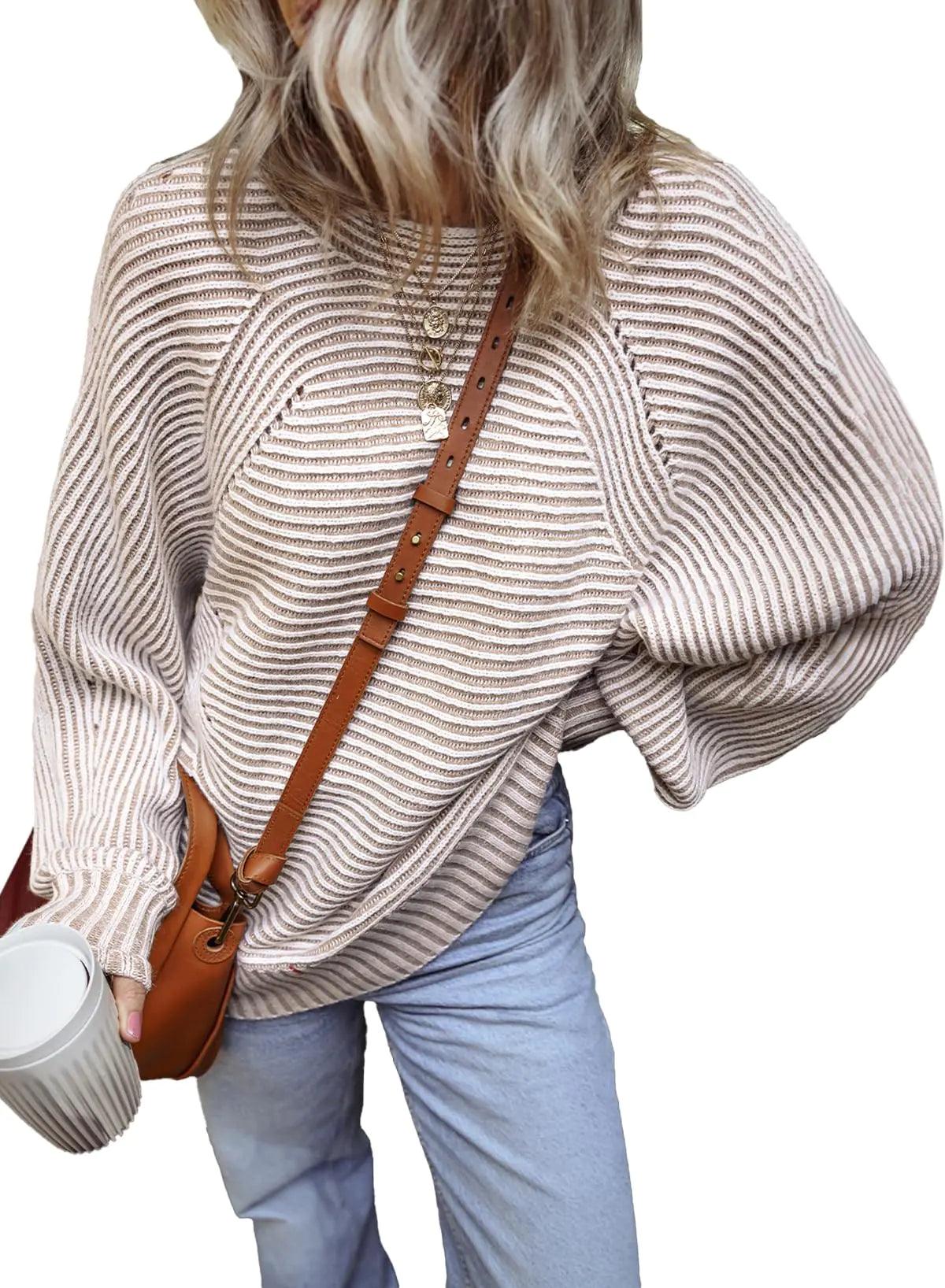 EVALESS Striped Sweaters for Women Boat Neck Batwing Sleeve Oversized Pullover Sweater Tops Womens Fall Clothes Outfits Medium Light French Beige - Evallys.com # #