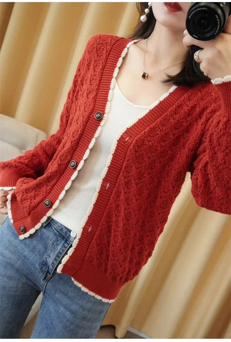 Women V-Neck Jacket 2025 Spring Autumn New Cotton Cardigan Knit Jacket Female Button Sweater Loose Shor Outer beige black A559 - Evallys.com