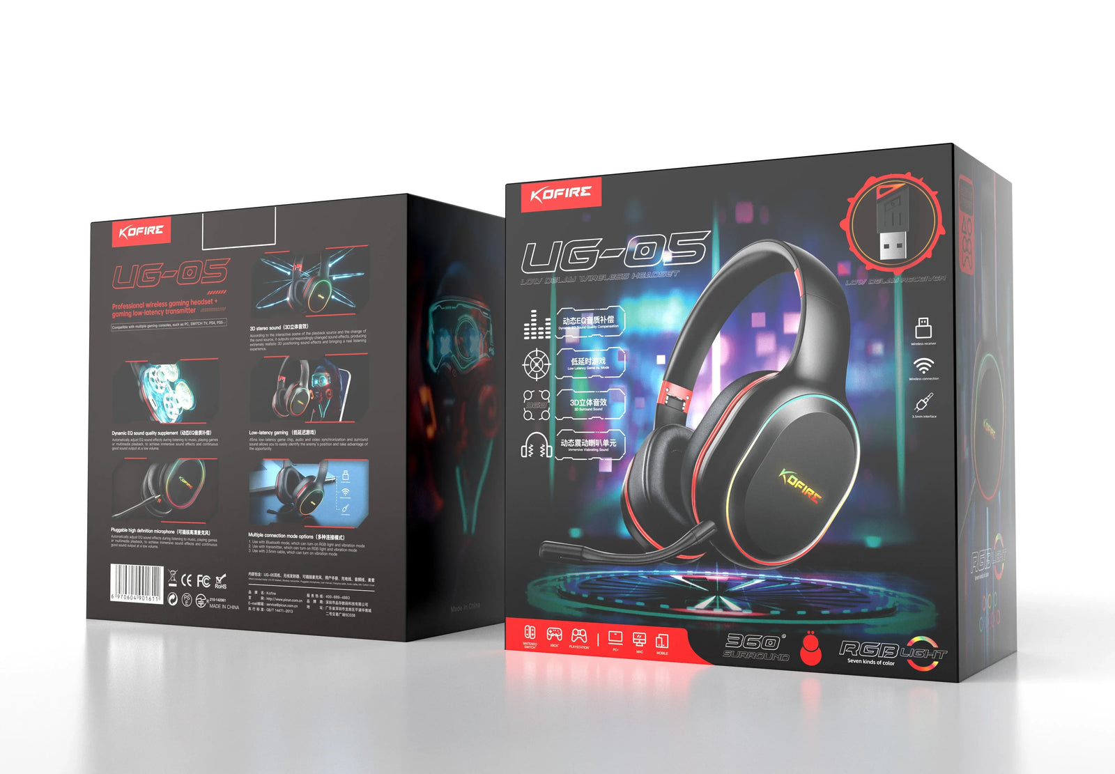 Kofire UG-05 Gaming Headphones 2.4G BT5.0 Wireless Headset With Mic RBG Light Vibration Bluetooth Earphone For PS4 PS5 PC Switch - Evallys.com