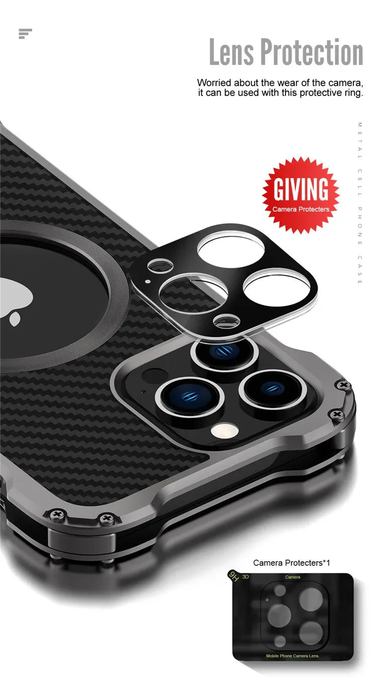 Carbon Fiber Lens Protection Phone Case for iPhone 14 Plus 12 13 Pro Max Mini Compatible with MagSafe Metal Bumpers Cover - Evallys.com