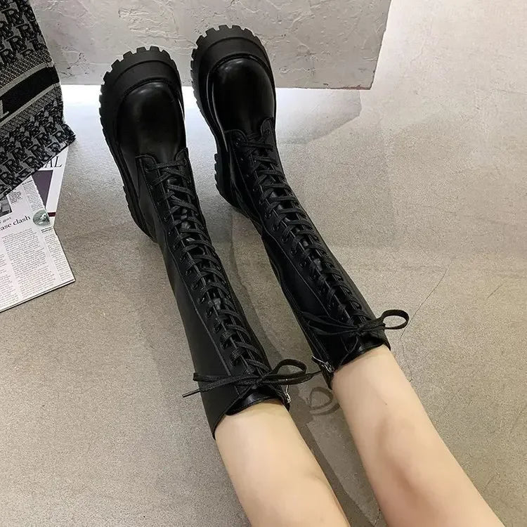 Women Motorcycle Boots Wedges Flat Shoes Woman High Heel Platform PU Leather Boots Lace Up Women Shoes Black Boots Girls2021 - Evallys.com
