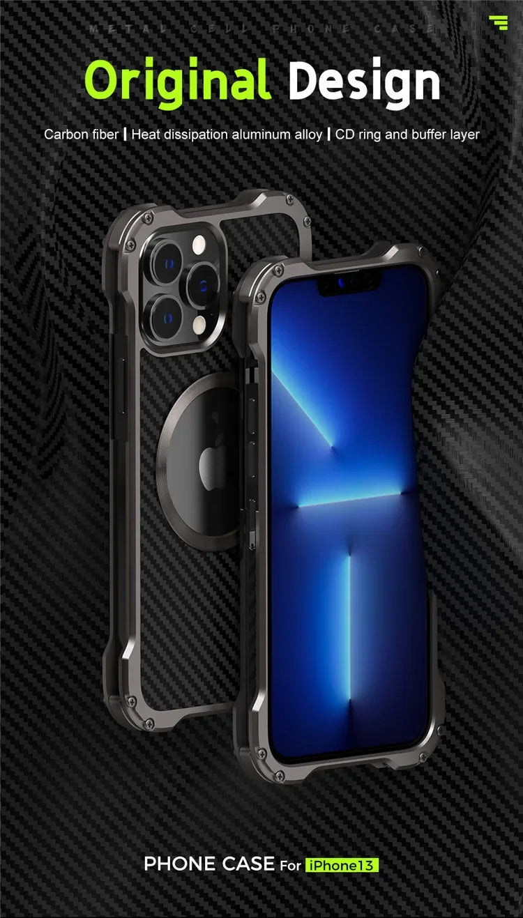 Carbon Fiber Lens Protection Phone Case for iPhone 14 Plus 12 13 Pro Max Mini Compatible with MagSafe Metal Bumpers Cover - Evallys.com