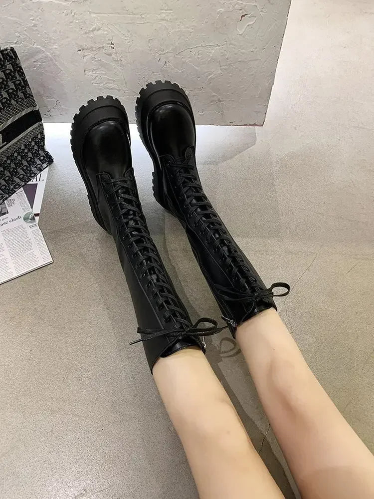 Women Motorcycle Boots Wedges Flat Shoes Woman High Heel Platform PU Leather Boots Lace Up Women Shoes Black Boots Girls2021 - Evallys.com