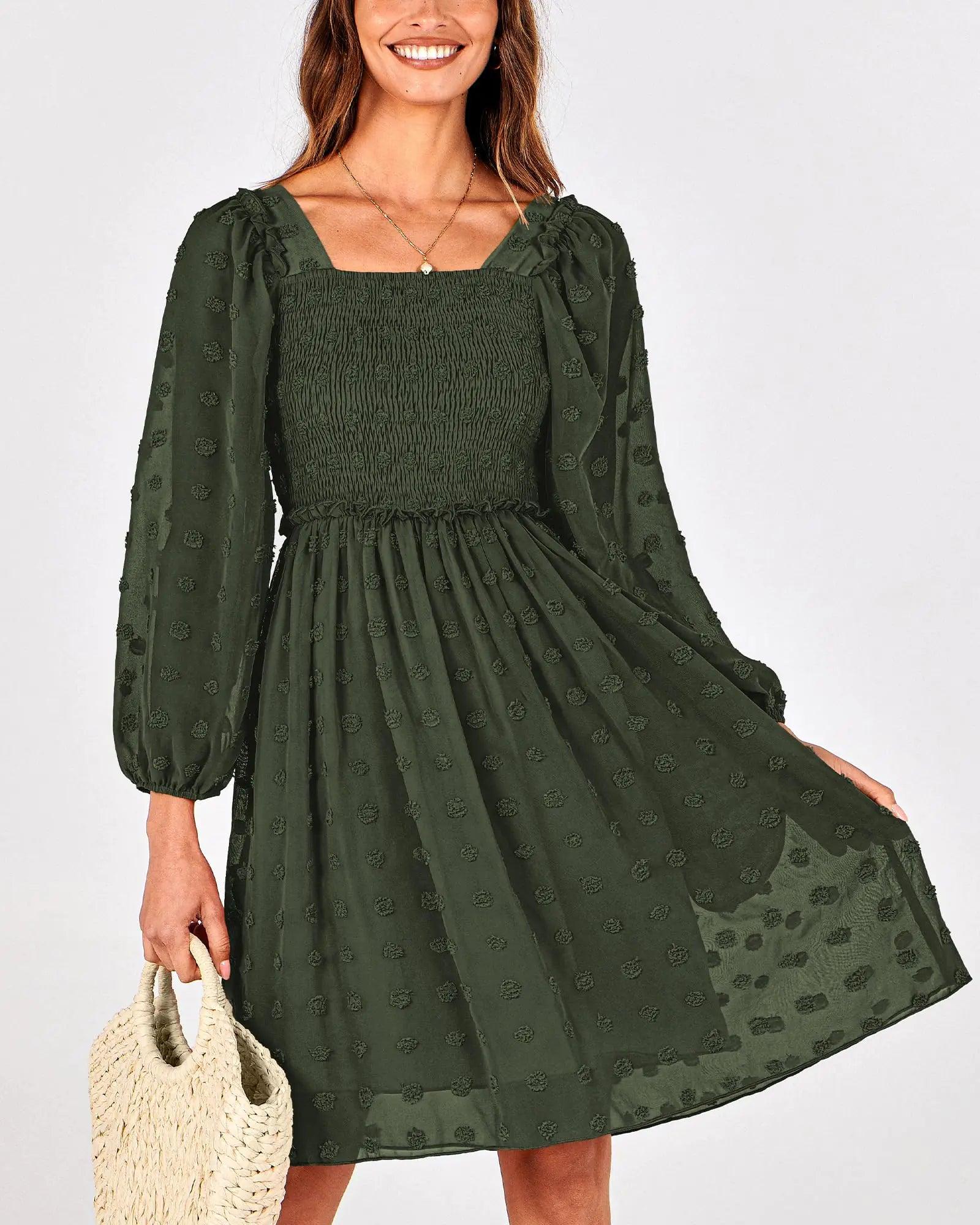 BTFBM Women Square Neck Smocked Dresses 2024 Summer Fall Long Sleeve Floral Swiss Dot Ruffle Party Mini Boho Dress Swiss Dot Army Green Small - Evallys.com # #