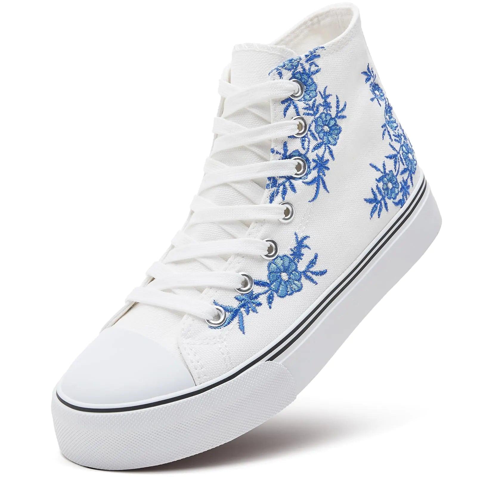 ZGR Womens High Top Canvas Sneakers,Lace-up Canvas Shoes,Casual Tennis Walking Shoes 7.5 Blue&white Embroidery - Evallys.com # #