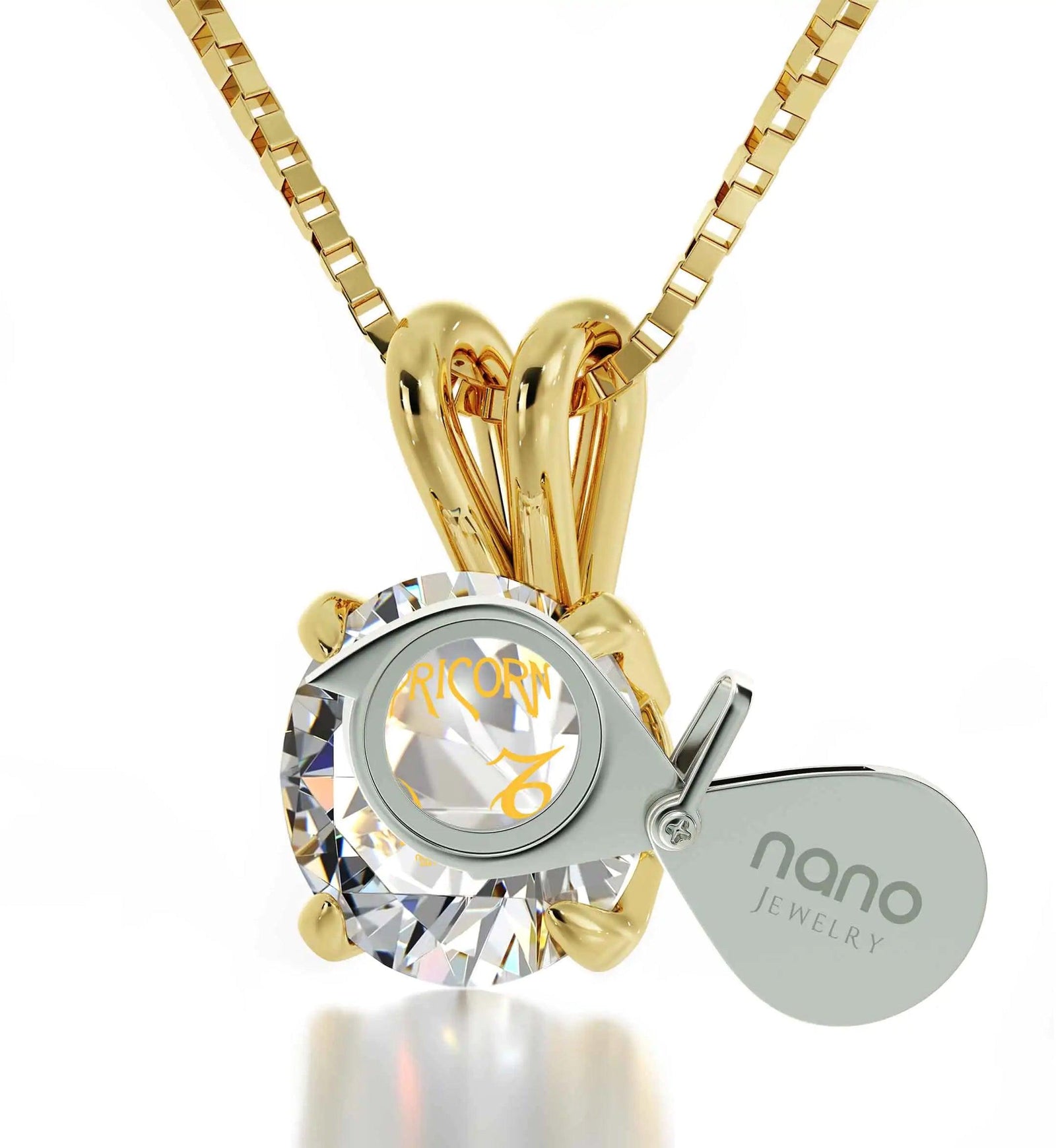 14k Yellow Gold Capricorn Necklace Zodiac Pendant 24k Gold inscribed on Crystal - Evallys.com # #