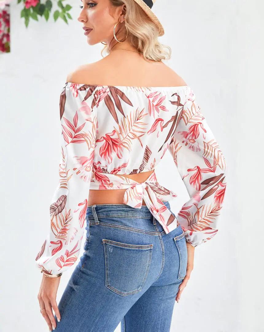 MIRACMODA Woman Off Shoulder Ruched Tie Back Crop Top Summer Lantern Sleeve Boho Shirt Blouse Large Leaves - Evallys.com # #