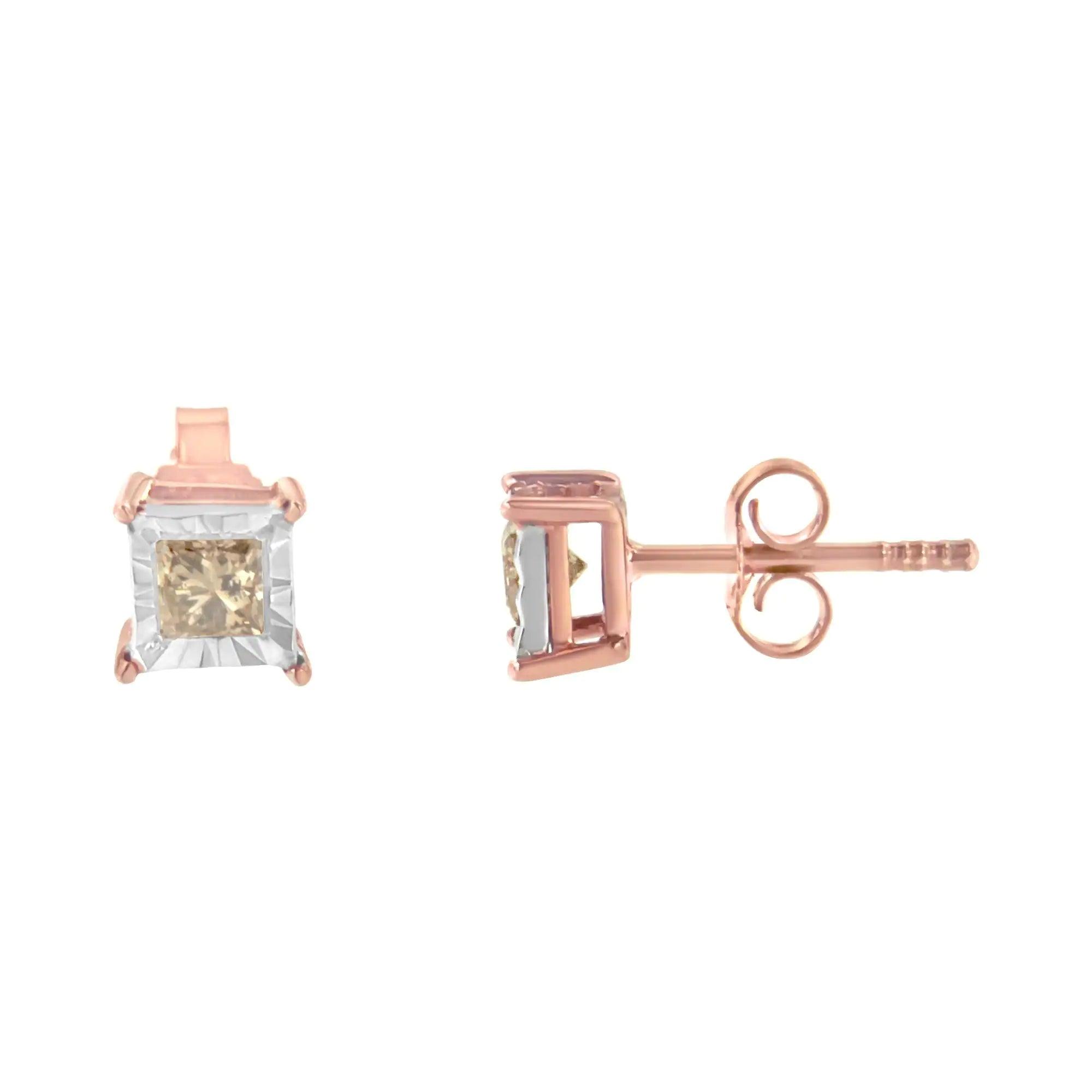 14K Rose Gold Plated Two-Tone .925 Sterling Silver 1/2 Cttw Princess-Cut Square Diamond Solitaire Miracle-Plate Stud Earrings (K-L Color, I2-I3 Clarity) - Evallys.com # #