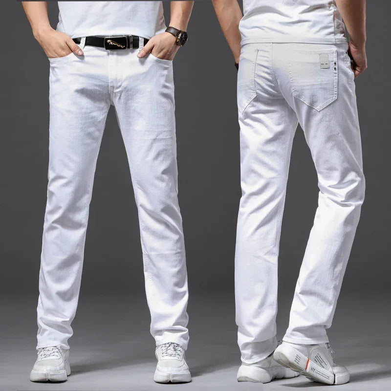 Men White Jeans Fashion Casual Classic Style Slim Fit Soft Trousers Male Brand Advanced Stretch Pants - Evallys.com