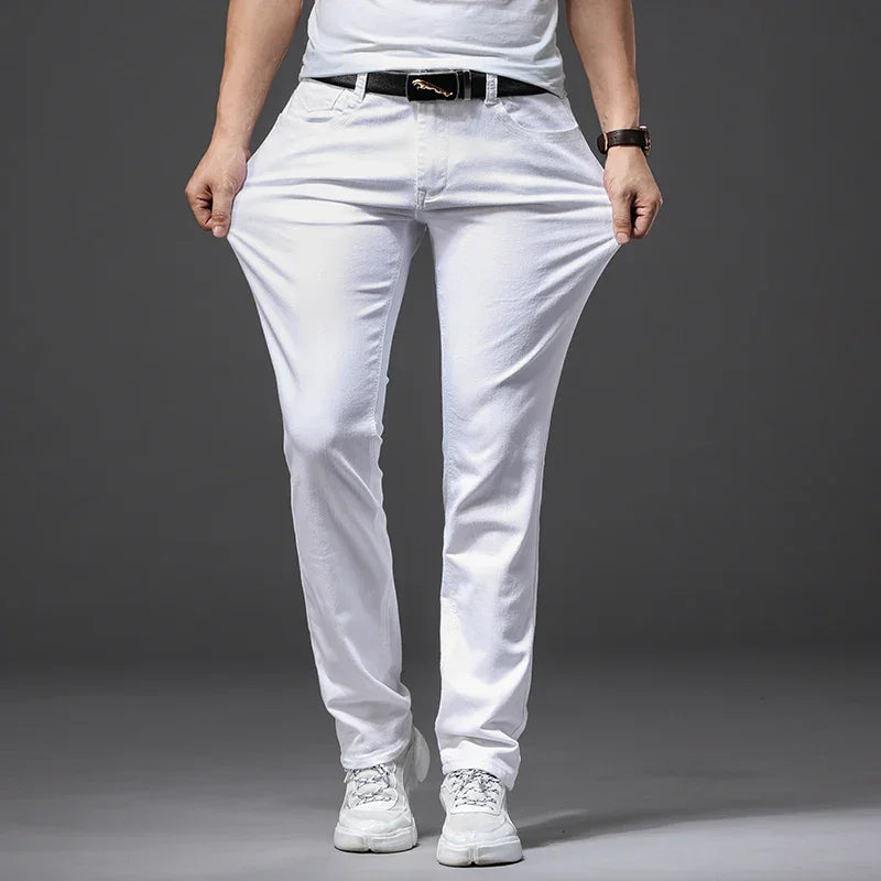 Men White Jeans Fashion Casual Classic Style Slim Fit Soft Trousers Male Brand Advanced Stretch Pants - Evallys.com