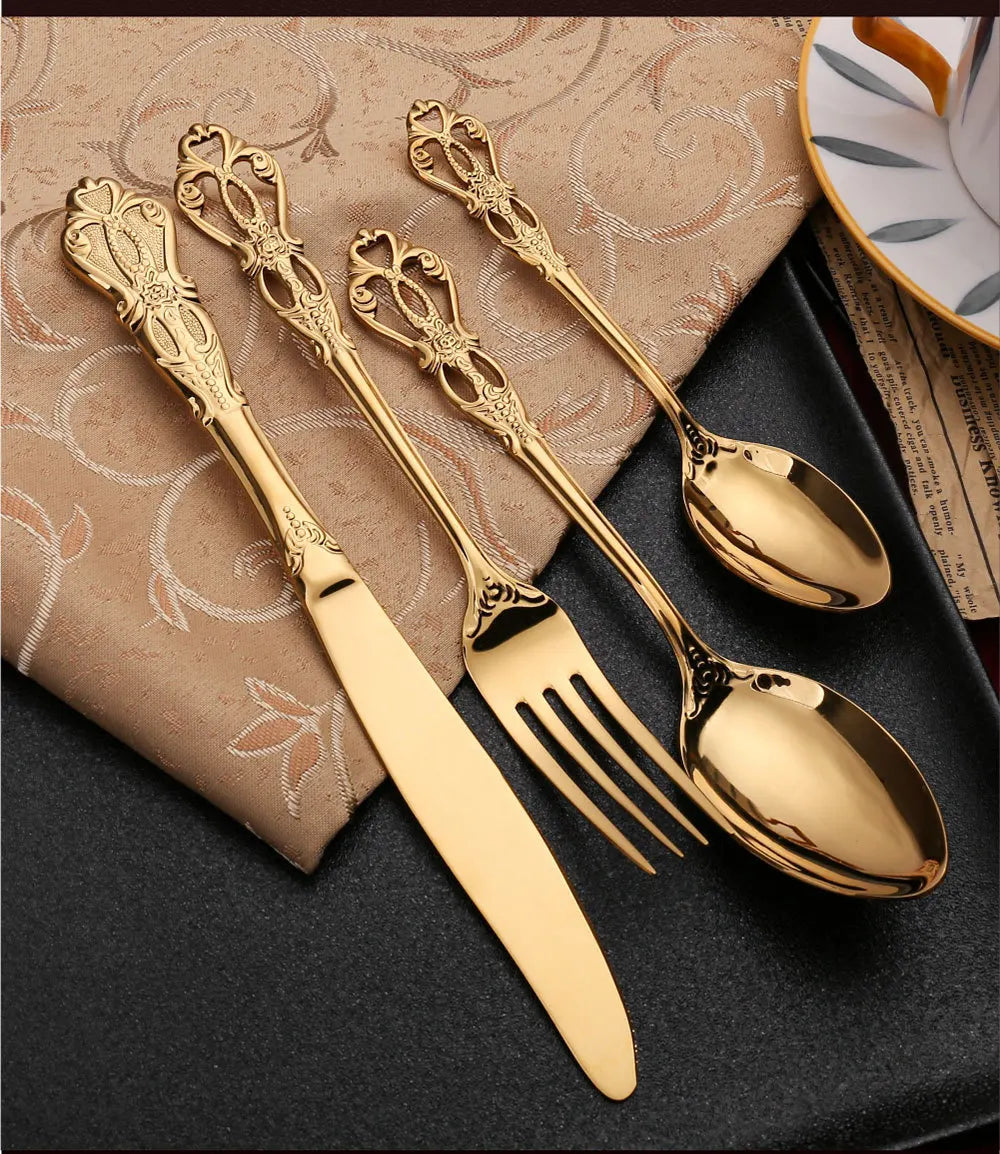 24pcs Cutlery Set Gold Dinnerware Stainless Steel Royal Spoon Forks Knives Kitchen Western Dinner Silverware Tableware Gift