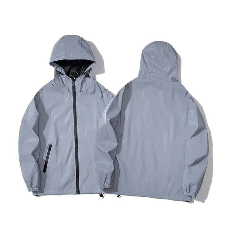 NEW SIZE Night Reflective Jackets Double Fabric Windbreaker Hooded Jacket Men Hip Hop Dancer Waterproof Zipper Coats Outwear - Evallys.com