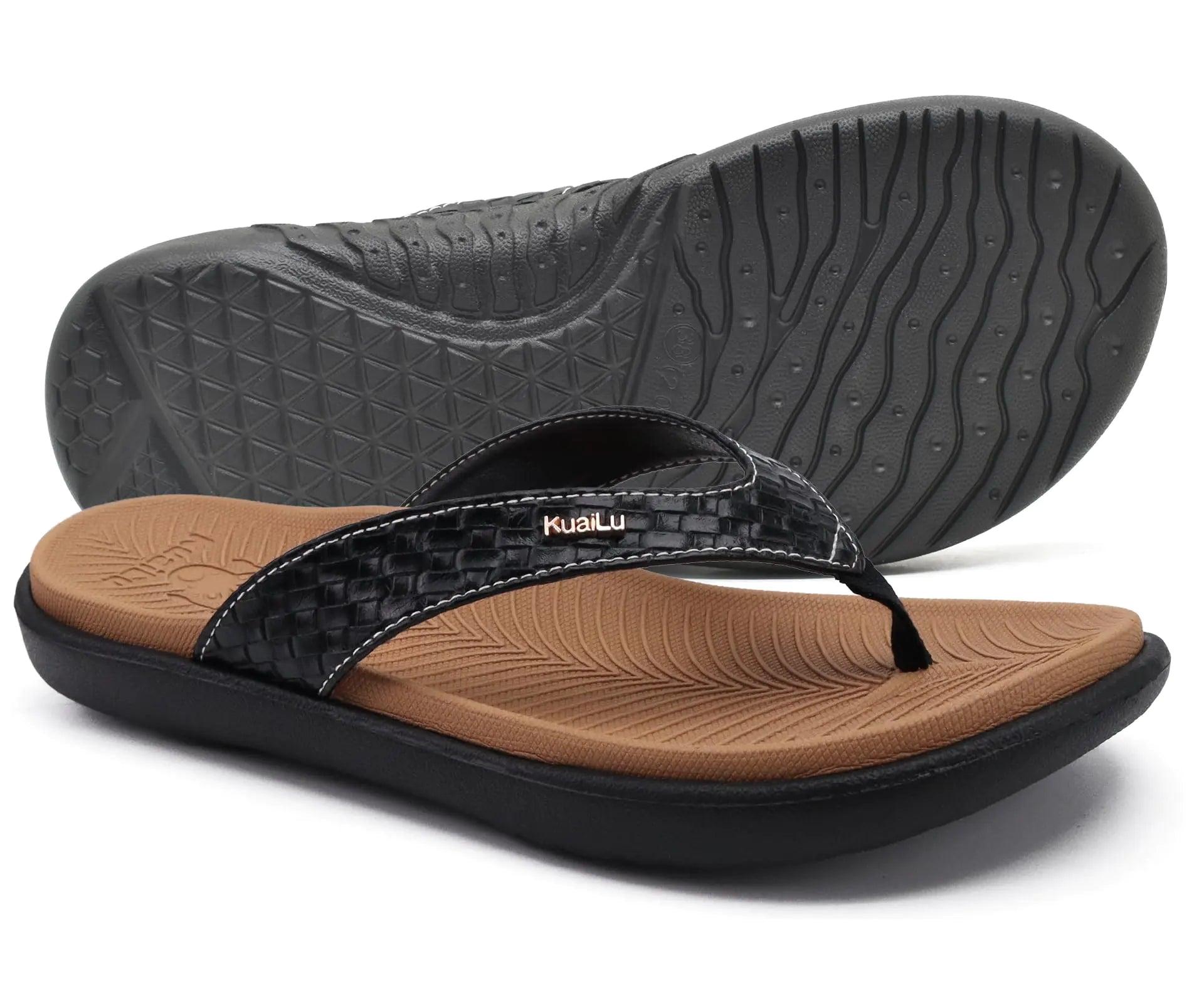 KuaiLu Womens Flip Flops Ladies Yoga Mat Comfortable Walking Thong Sandals With Plantar Fasciitis Arch Support Slip On Indoor Outdoor For Summer 11 Khaki Black - Evallys.com # #