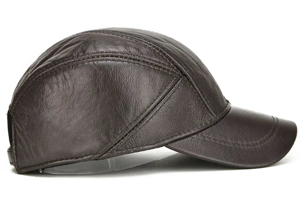 Men’s Real Leather Earflap Baseball Cap – Winter Cowhide Hat - Evallys.com