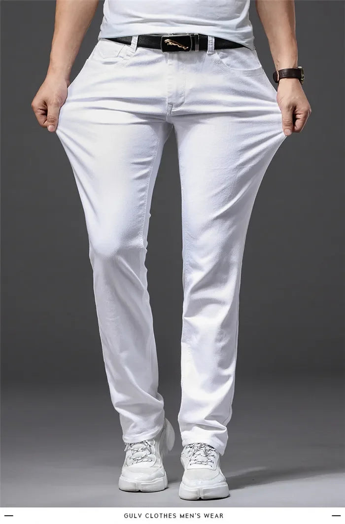 Men White Jeans Fashion Casual Classic Style Slim Fit Soft Trousers Male Brand Advanced Stretch Pants - Evallys.com