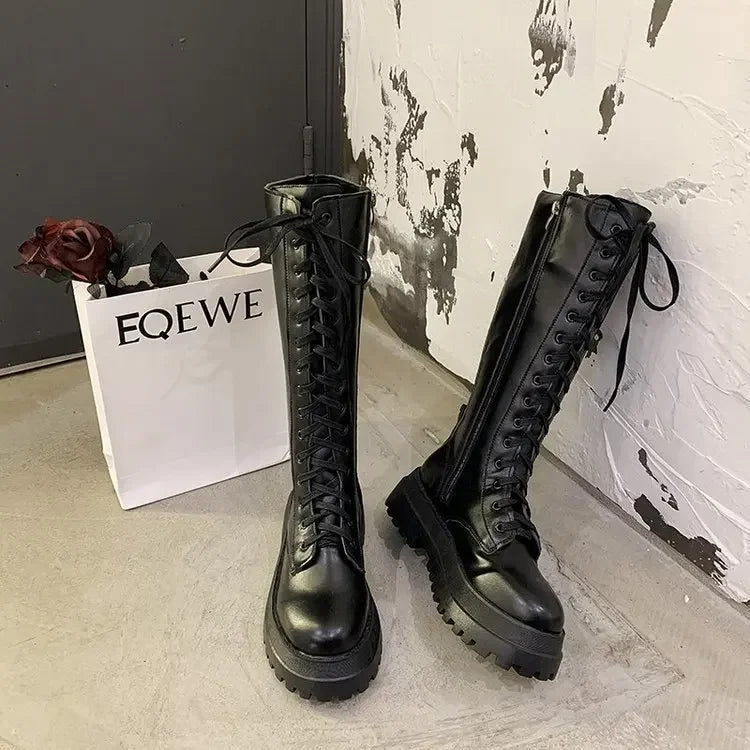 Women Motorcycle Boots Wedges Flat Shoes Woman High Heel Platform PU Leather Boots Lace Up Women Shoes Black Boots Girls2021 - Evallys.com