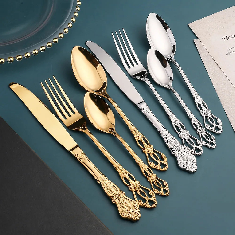 24pcs Cutlery Set Gold Dinnerware Stainless Steel Royal Spoon Forks Knives Kitchen Western Dinner Silverware Tableware Gift