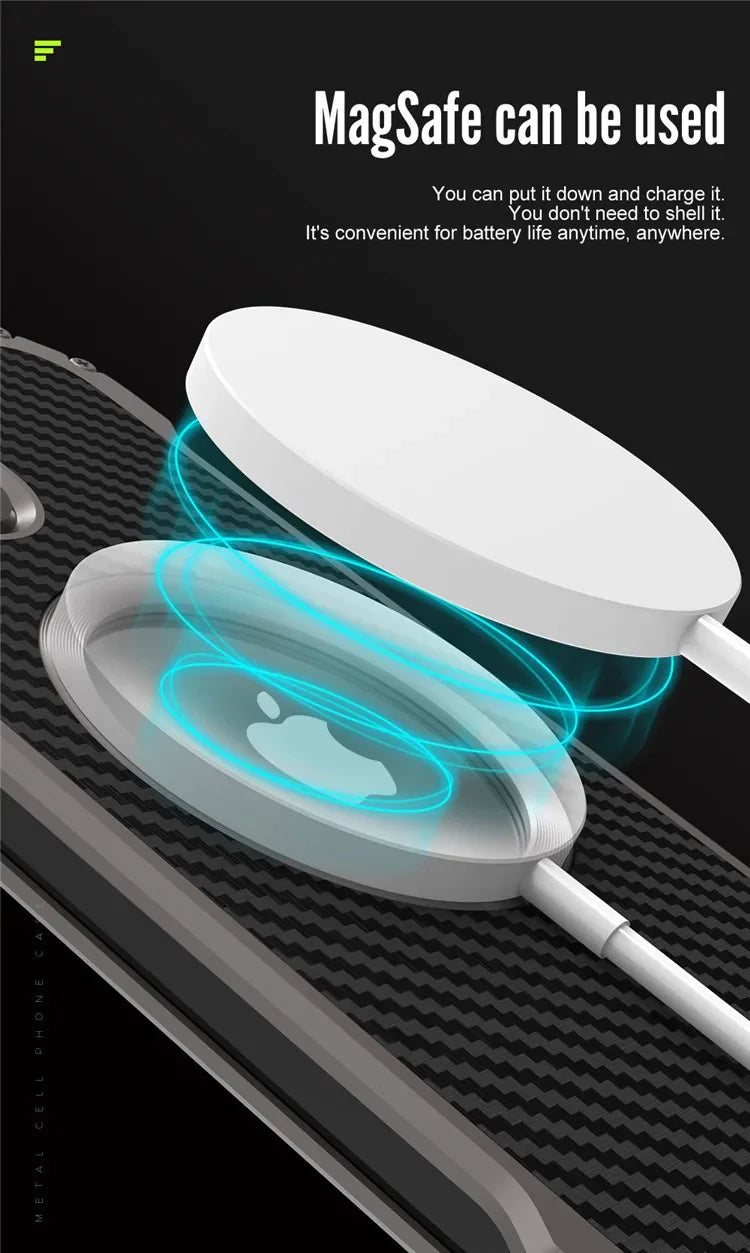 Carbon Fiber Lens Protection Phone Case for iPhone 14 Plus 12 13 Pro Max Mini Compatible with MagSafe Metal Bumpers Cover - Evallys.com