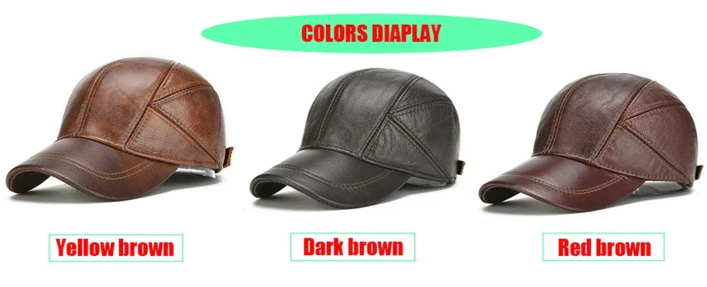 Men’s Real Leather Earflap Baseball Cap – Winter Cowhide Hat - Evallys.com