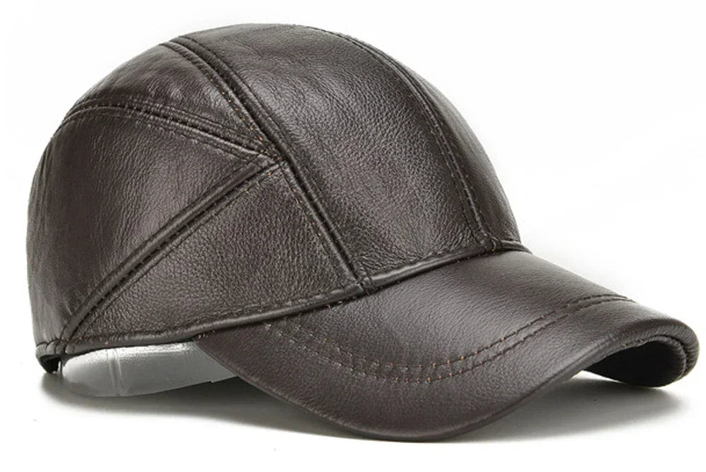 Men’s Real Leather Earflap Baseball Cap – Winter Cowhide Hat - Evallys.com