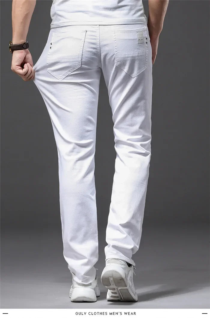 Men White Jeans Fashion Casual Classic Style Slim Fit Soft Trousers Male Brand Advanced Stretch Pants - Evallys.com