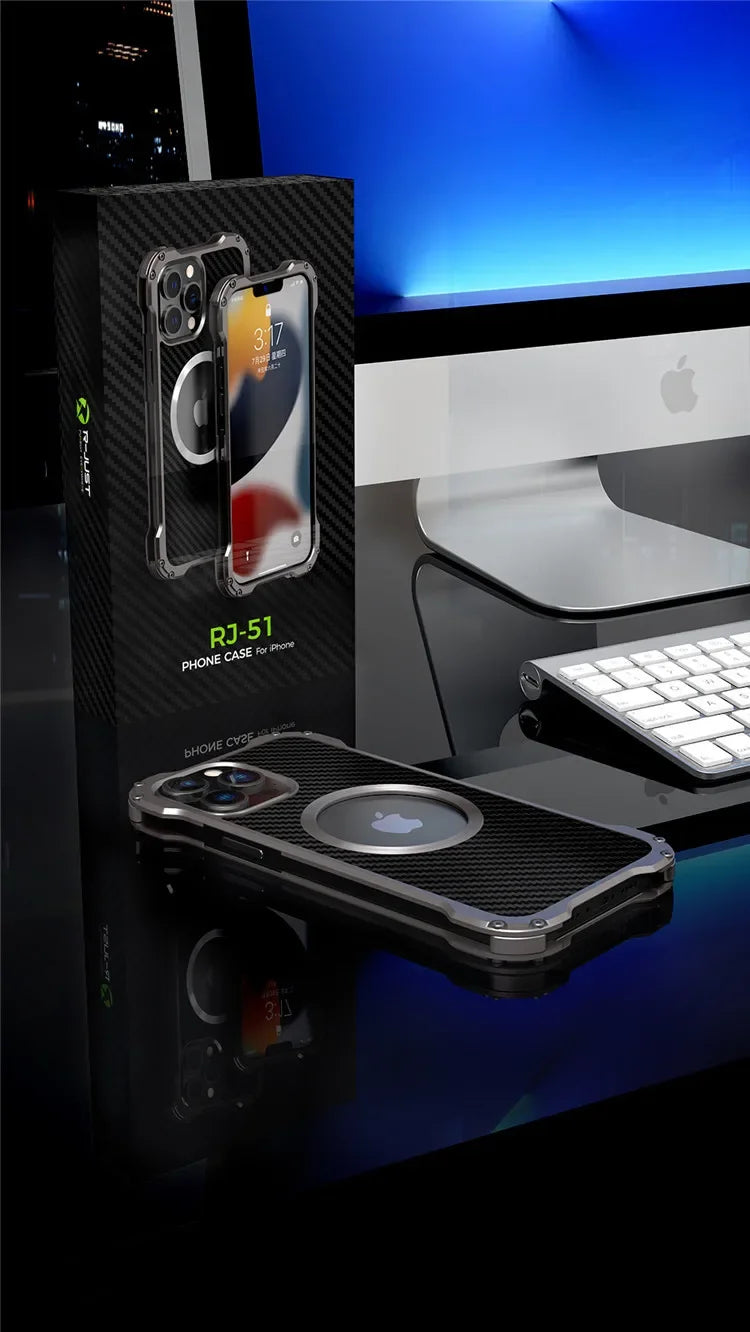 Carbon Fiber Lens Protection Phone Case for iPhone 14 Plus 12 13 Pro Max Mini Compatible with MagSafe Metal Bumpers Cover - Evallys.com