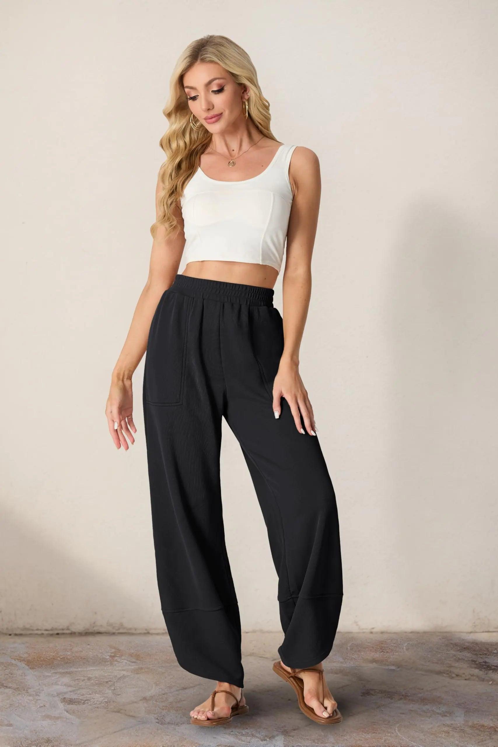 Womens Wide Leg Harem Pants Casual Loose Elastic Waist Solid Color Comfy Palazzo Lounge Baggy Sweatpants with Pockets Small Black - Evallys.com # #