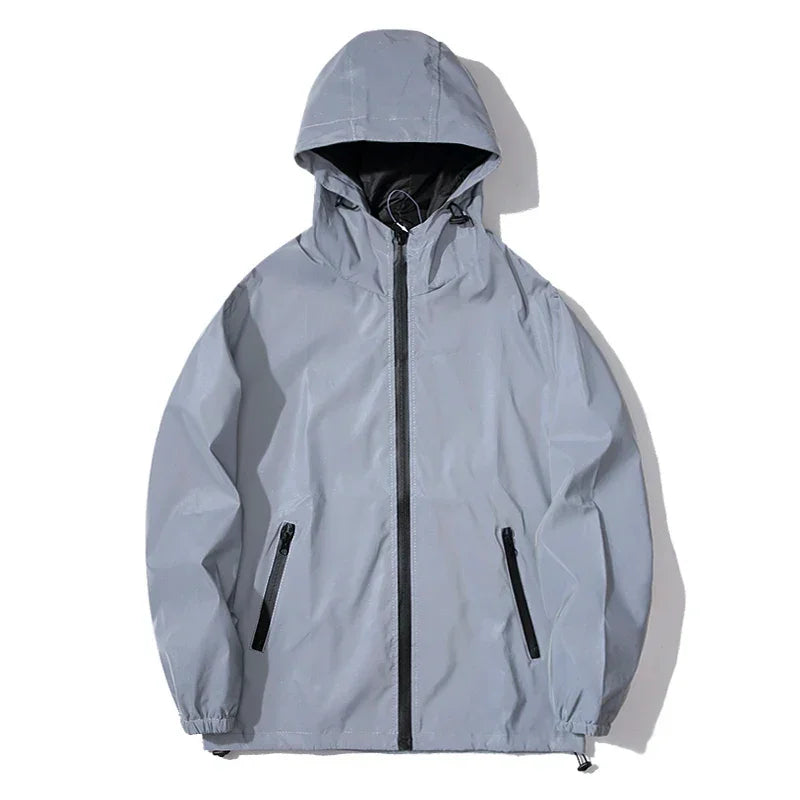 NEW SIZE Night Reflective Jackets Double Fabric Windbreaker Hooded Jacket Men Hip Hop Dancer Waterproof Zipper Coats Outwear - Evallys.com