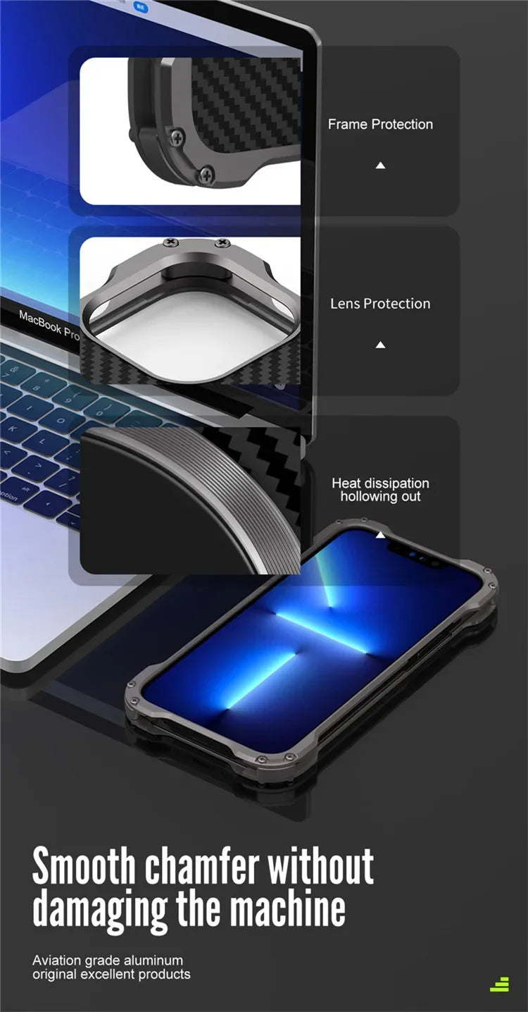 Carbon Fiber Lens Protection Phone Case for iPhone 14 Plus 12 13 Pro Max Mini Compatible with MagSafe Metal Bumpers Cover - Evallys.com
