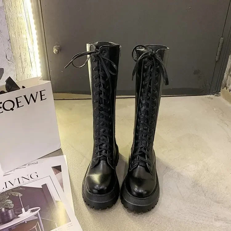 Women Motorcycle Boots Wedges Flat Shoes Woman High Heel Platform PU Leather Boots Lace Up Women Shoes Black Boots Girls2021 - Evallys.com