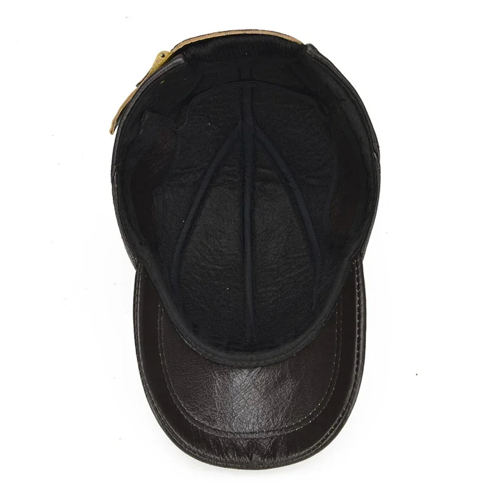 Men’s Real Leather Earflap Baseball Cap – Winter Cowhide Hat - Evallys.com