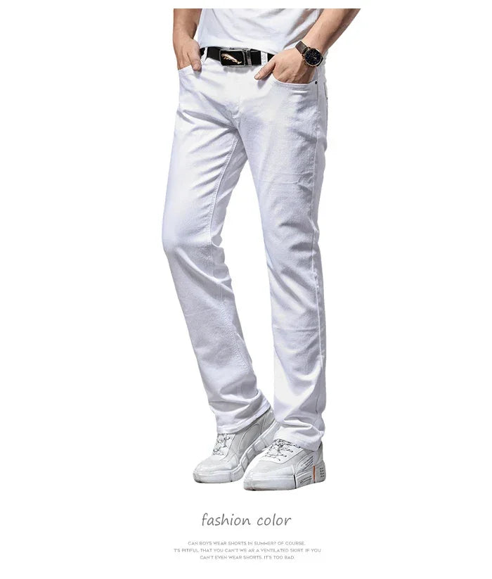 Men White Jeans Fashion Casual Classic Style Slim Fit Soft Trousers Male Brand Advanced Stretch Pants - Evallys.com