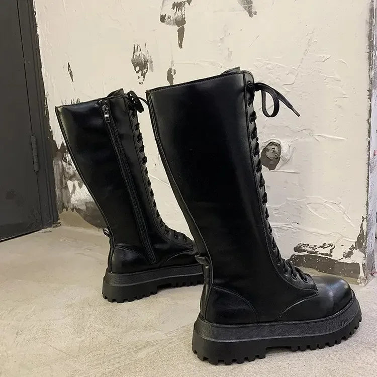 Women Motorcycle Boots Wedges Flat Shoes Woman High Heel Platform PU Leather Boots Lace Up Women Shoes Black Boots Girls2021 - Evallys.com