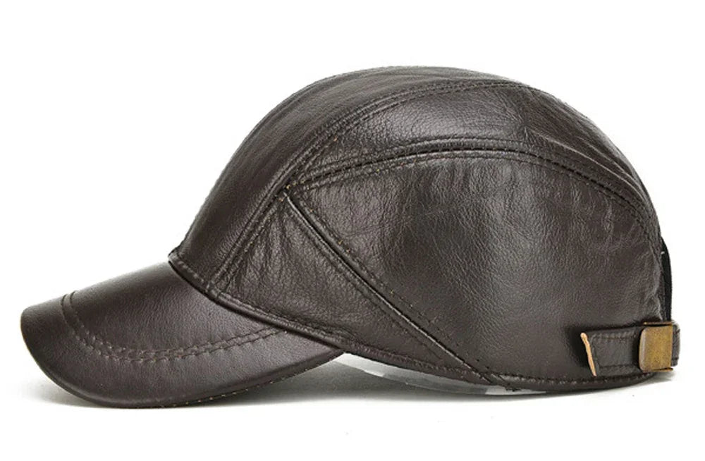 Men’s Real Leather Earflap Baseball Cap – Winter Cowhide Hat - Evallys.com