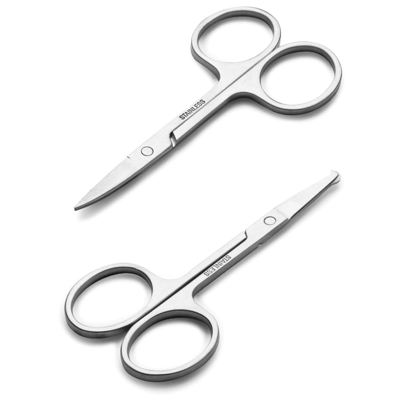 Facial Hair Small Grooming Scissors For Men Women - Eyebrow, Nose Hair, Mustache, Beard, Eyelashes, Ear Trimming Kit - Curved and Rounded Safety Tip Clippers For Hair Cutting - 2PCS Silver - Evallys.com # #