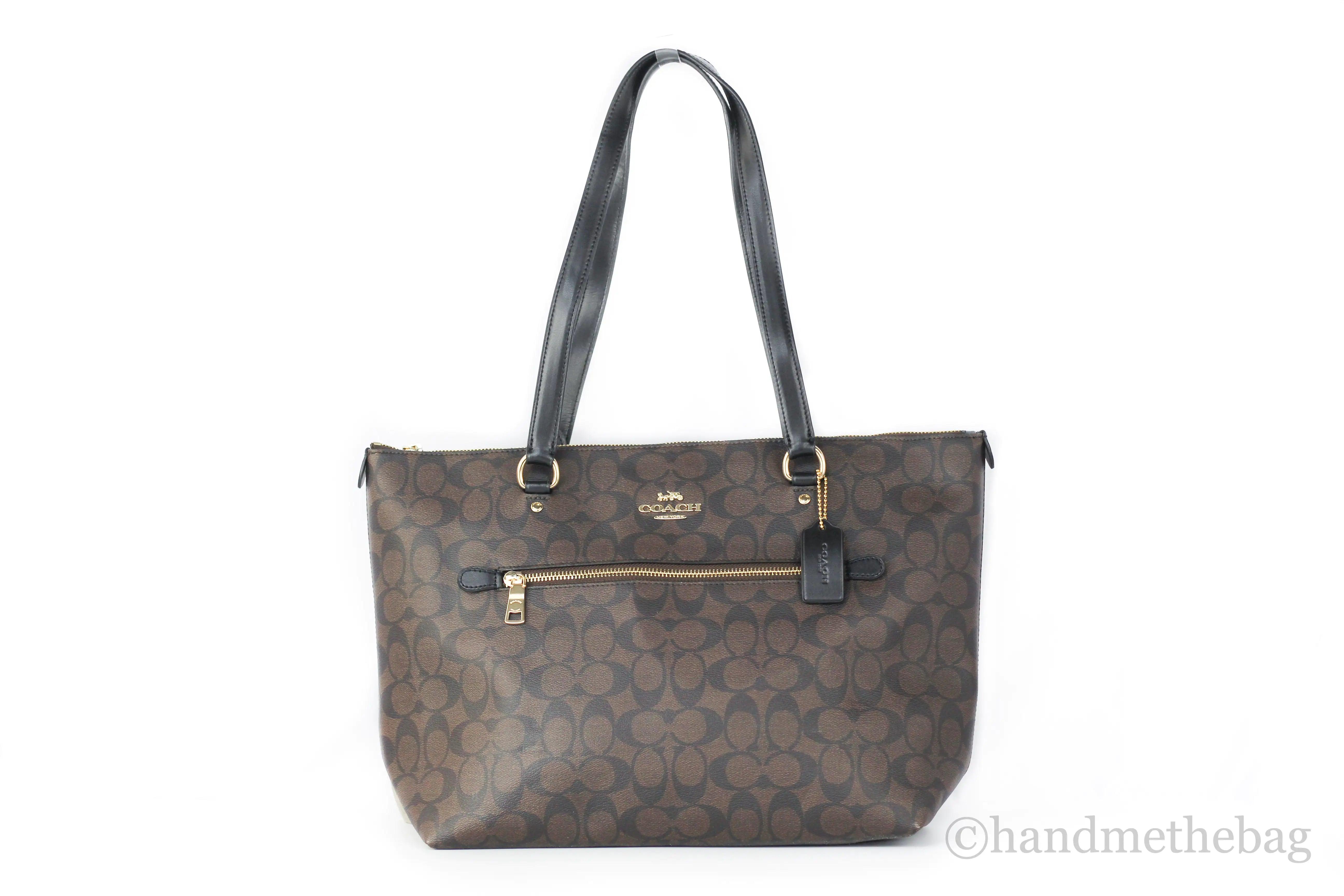 Coach Signature Coated Canvas Brown Black Leather Gallery Tote Handbag - Evallys.com # #