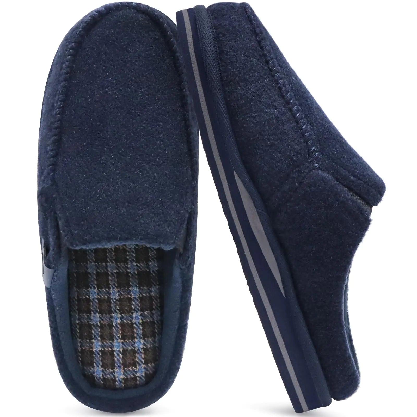 ONCAI Mens Clog Slippers with Arch Support Stripe Faux Fur Cotton-Blend High-Density Memory Foam Warm House Slippers Slip-on Indoor Outdoor Rubber Sole Size 7-16 9 Felt Blue - Evallys.com # #