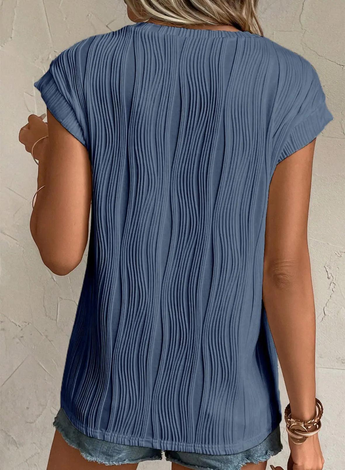 EVALESS Womens Short Sleeve Textured Tops Crewneck Knit Solid Loose Casual Basic T Shirts Tee Blouses E Blue X-Large - Evallys.com # #