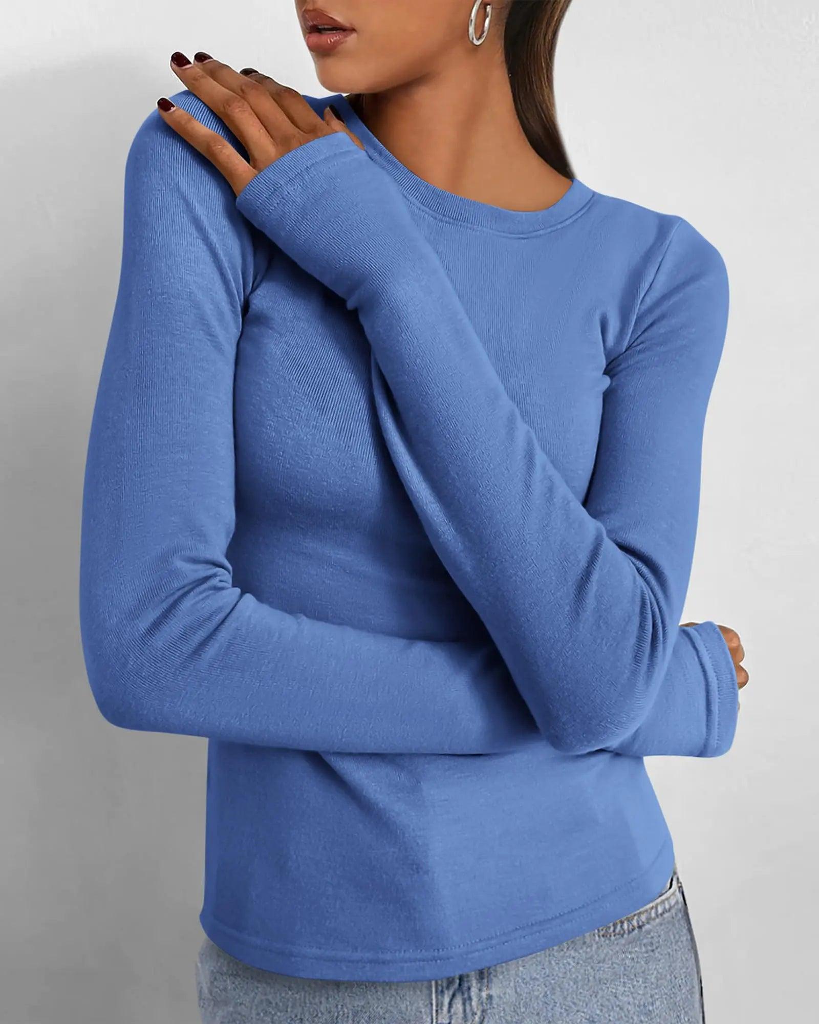 BTFBM Women's Casual Tops Fall Winter 2024 Long Sleeve Crew Neck Workout Stretchy Slim Fit Basic Y2K Going Out Shirt Small Solid Blue - Evallys.com # #