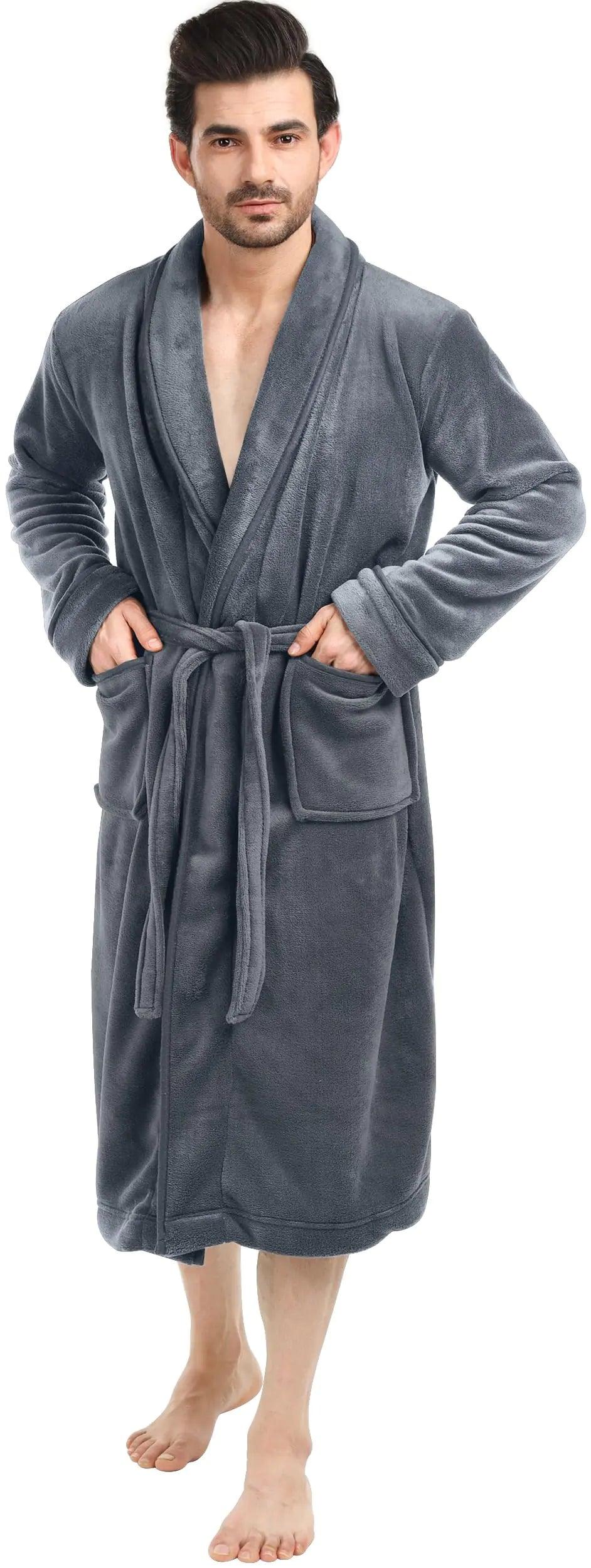 NY Threads Luxurious Men's Shawl Collar Fleece Bathrobe Spa Robe Large-X-Large Grey - Evallys.com