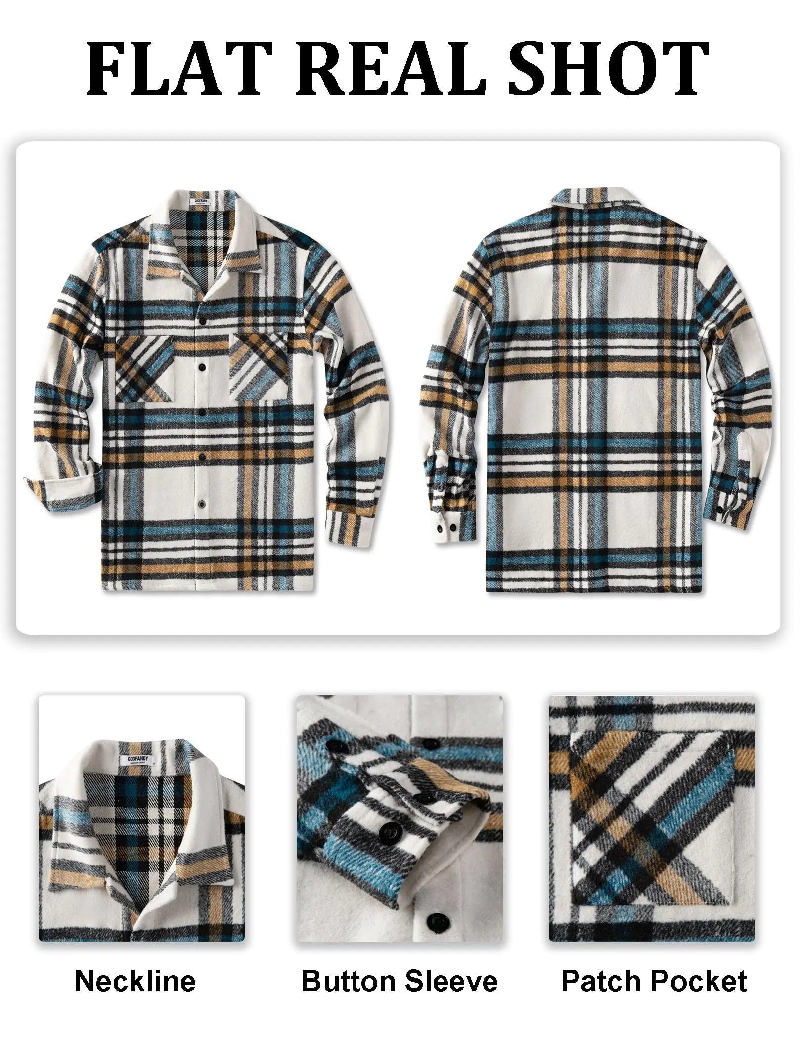 COOFANDY Men's Flannel Shirts Casual Button Down Plaid Shirt Jacket Long Sleeve Fleece Shacket with Pockets White Blue XX-Large - Evallys.com # #