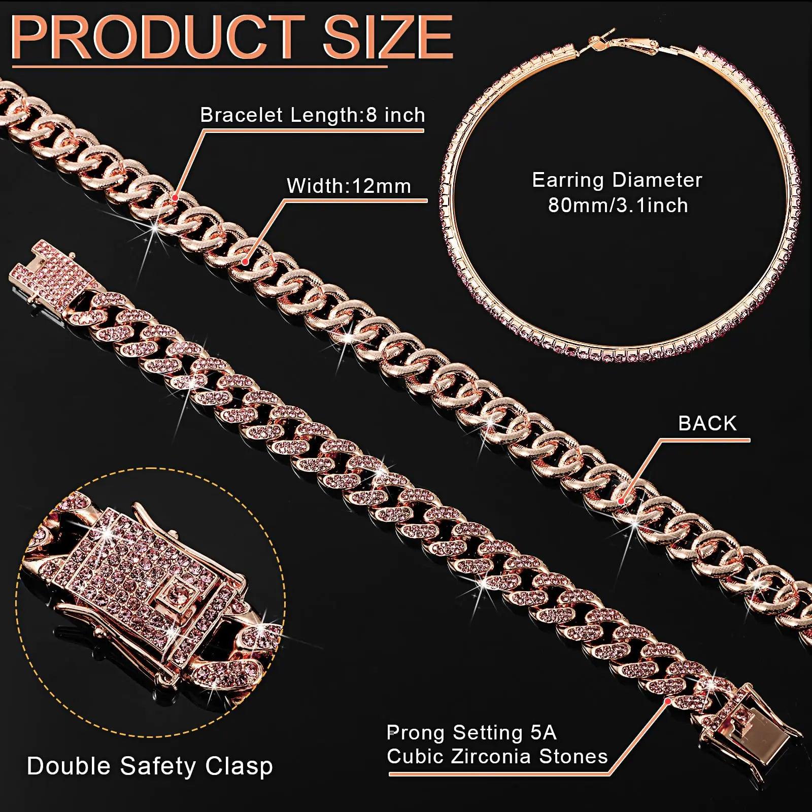 Batiyeer Cuban Link Chain Necklace Bracelet Rhinestone Earrings Bling Necklace Bracelet Crystal Big Circle Earring for Women 16 Inch Rose Gold Pink - Evallys.com # #