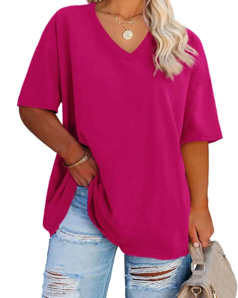 Women's Plus Size V Neck T Shirts Summer Half Sleeve Tees Casual Loose Fit Cotton Tunic Tops XX-Large Plus Khaki - Evallys.com # #