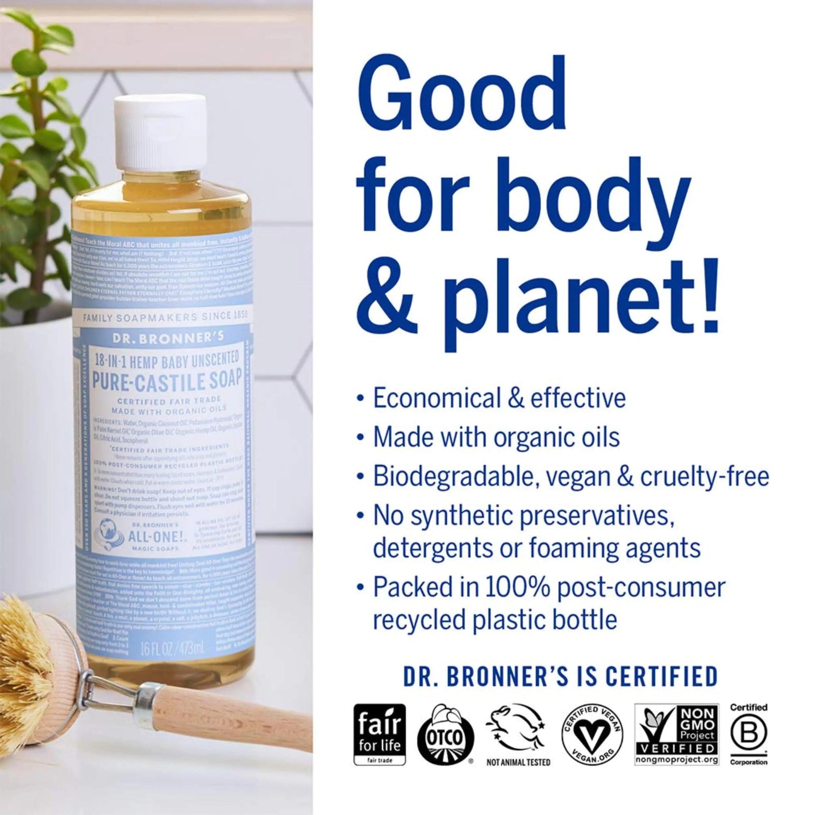 Dr. Bronner’s - Pure-Castile Liquid Soap (Baby Unscented, 16 Ounce) - Made with Organic Oils, 18-in-1 Uses: Face, Hair, Laundry & Dishes For Sensitive Skin & Babies, No Added Fragrance, Vegan, Non-GMO 16 Fl Oz (Pack of 1) - Evallys.com # #