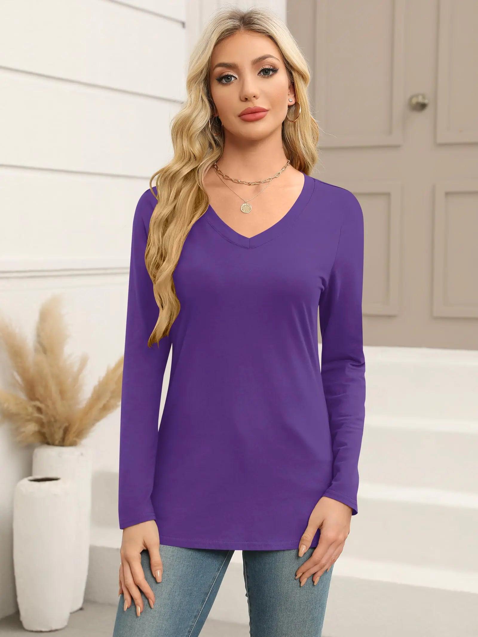 Elesomo Women Shirts V Neck Short/Long Sleeve Cotton Tops T-Shirt Basic Tees Large A:purple - Evallys.com # #