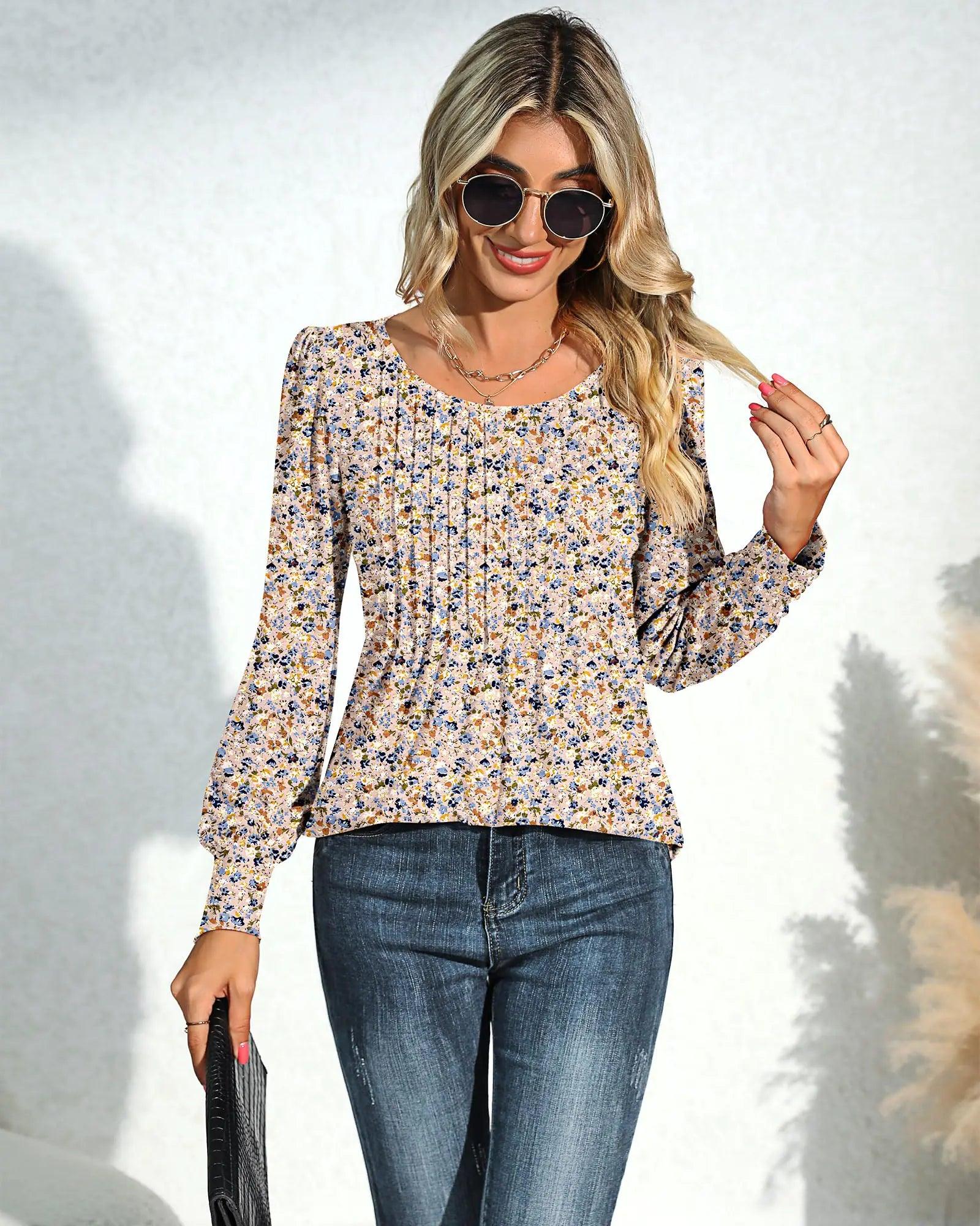 Ficerd Women's Puff Long Sleeve Tunic Tops Pleated Crew Neck Blouses Dressy Casual Loose Fit Fall and Winter Shirts Pink Floral Large - Evallys.com