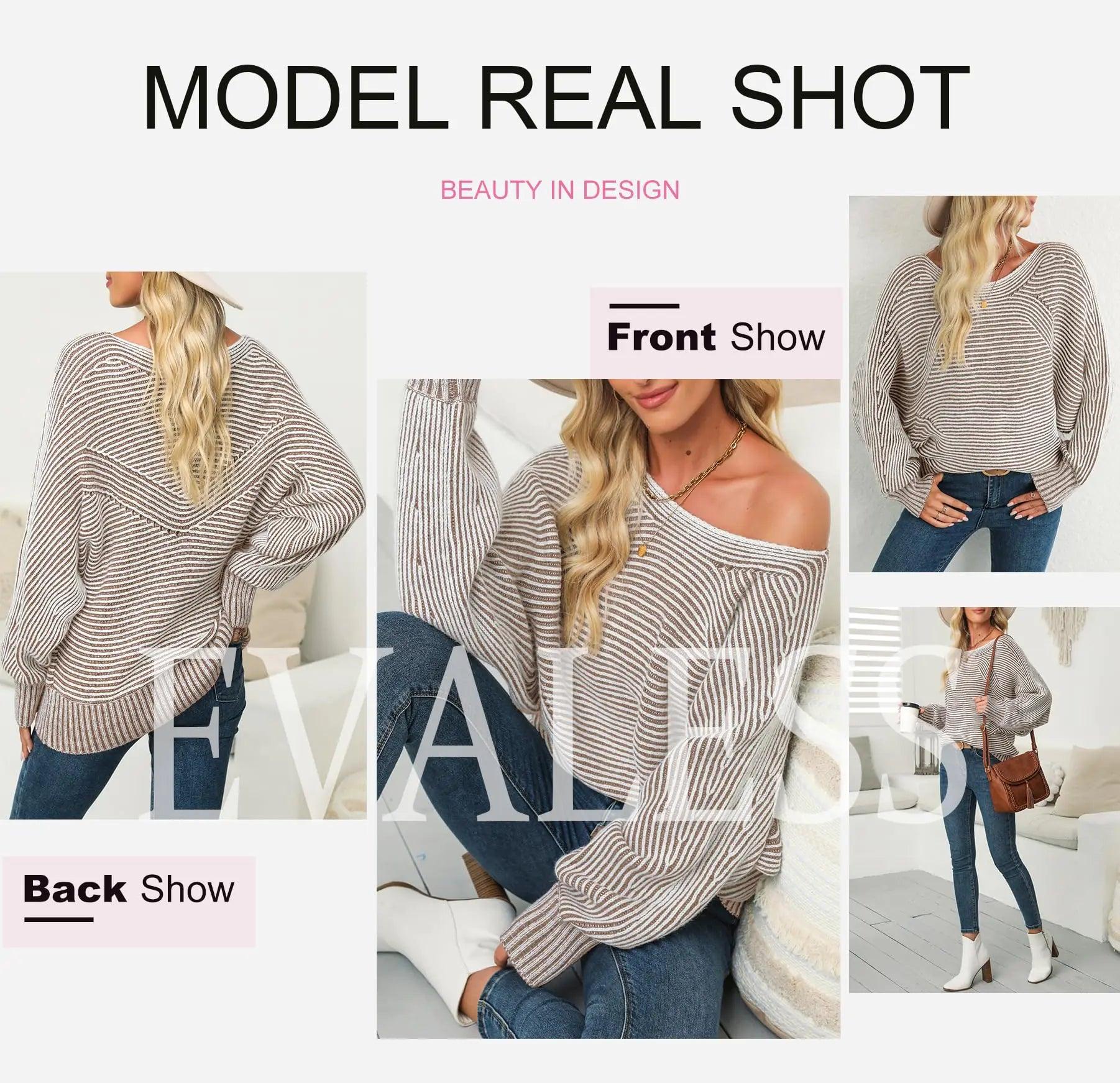 EVALESS Striped Sweaters for Women Boat Neck Batwing Sleeve Oversized Pullover Sweater Tops Womens Fall Clothes Outfits Medium Light French Beige - Evallys.com # #