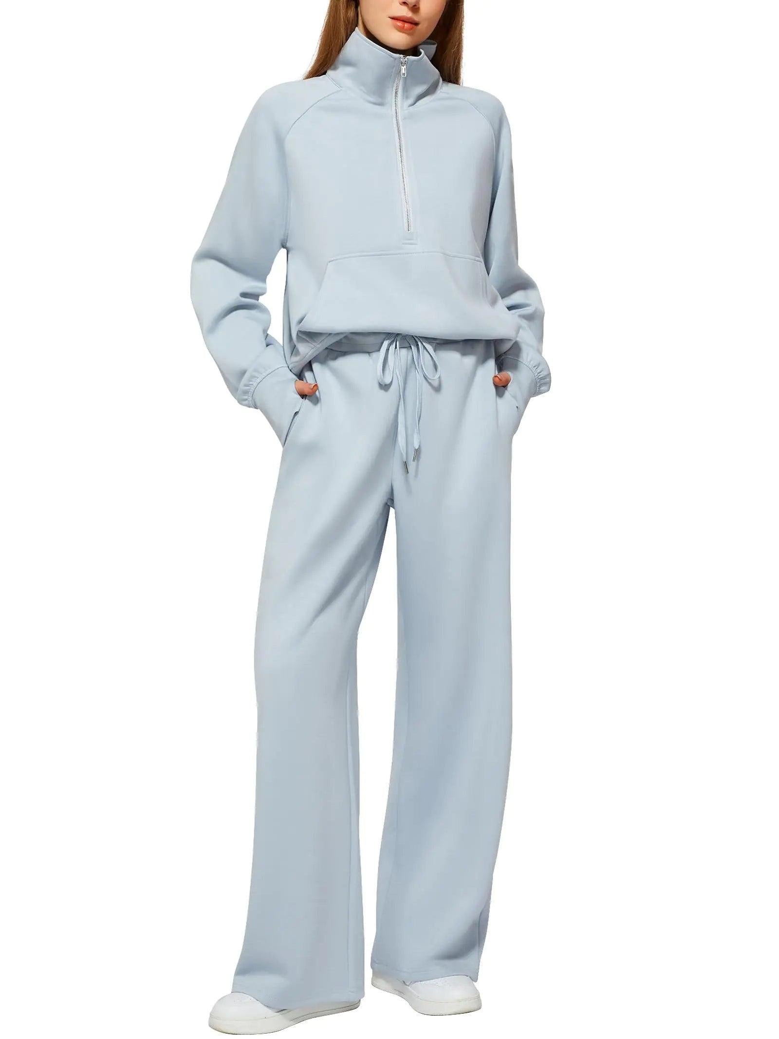 Women's 2 Piece Outfits Lounge Set 2024 Oversized Half Zip Sweatshirt Wide Leg Sweatpant Set Sweatsuit Tracksuit X-Small Light Blue - Evallys.com # #